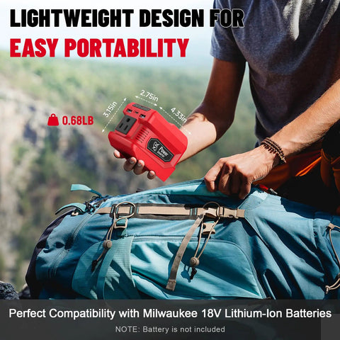 Person holding Go-To Portable Power Inverter For Milwaukee 18V Battery next to blue backpack outdoors