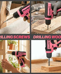 Pink 8V Cordless Drill And Screwdriver Combo Kit With 43 Piece Slick Accessory Bundle Featuring Bright Led Light For Zero Fuss Woodworking Projects Perfect For Weekend Warriors in action drilling screws and wood.