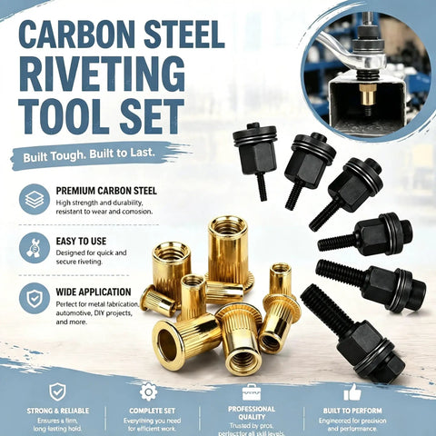 Six Size Rivet Nut Tool Kit With Manual Rivet Gun Heads M3 To M10 Includes Sixty Rivet Nuts For Panels Brackets And Metal Sheets A Handy All In One Fastening Kit For DIY Auto And Workshop, carbon steel set with rivet nuts and heads