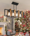 Antique Wood Chandelier For Kitchen Island With 4 Lights, 31.5 Inch Rectangular Pendant, Black Rustic Farmhouse Style over table