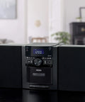Front view of 10 Watt Portable Bluetooth Home Stereo System With Detachable Speakers CD Cassette Player AM FM Radio Alarm Clock