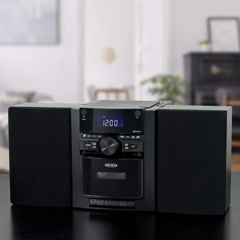 Front view of 10 Watt Portable Bluetooth Home Stereo System With Detachable Speakers CD Cassette Player AM FM Radio Alarm Clock