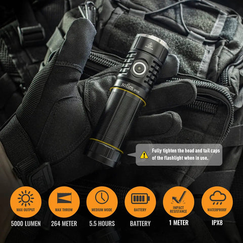 Gloved hand holding Ultra Bright 5000 Lumen USB C Rechargeable LED Flashlight For Camping And EDC Go To Light Big Battery Life