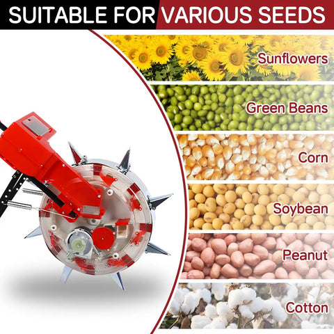 Hand Push Roller Seeder Manual Seeder Machine with images of sunflowers, green beans, corn, soybean, peanut, cotton, planting guide.