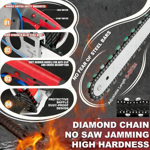 Beast Mode Concrete Chainsaw features safety lock, steel body, rubber handle, 40cm diamond chain, designed for heavy-duty use.