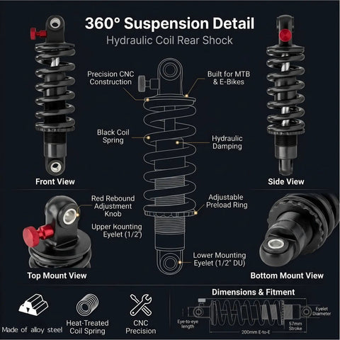 Detailed view of 190mm Rear Shock Absorber for Full Suspension Mountain Bike with hydraulic damping and 450 pound coil spring.