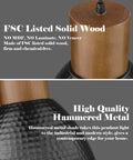 Close-up of Hammered Pendant Light With Solid Wood And Metal Shade In Black Finish, highlighting FSC wood and metal texture