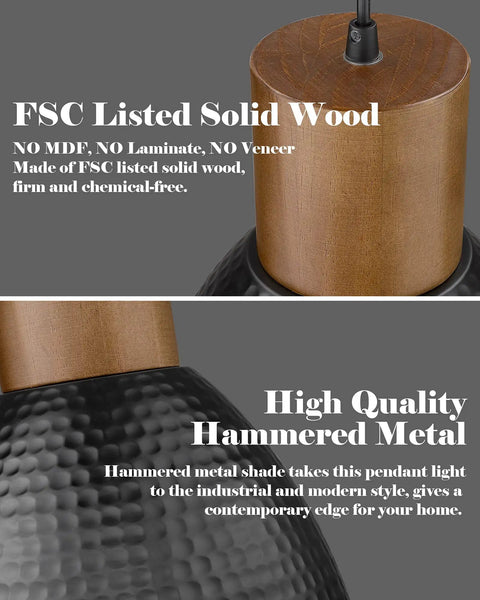 Close-up of Hammered Pendant Light With Solid Wood And Metal Shade In Black Finish, highlighting FSC wood and metal texture
