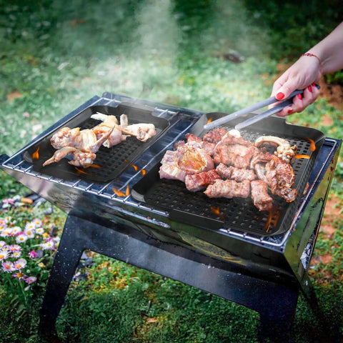 Heavy Duty Nonstick Grill Pan Set For Outdoor Barbecue Cooking Includes Two Durable Carbon Steel Trays with grilled chicken and beef.