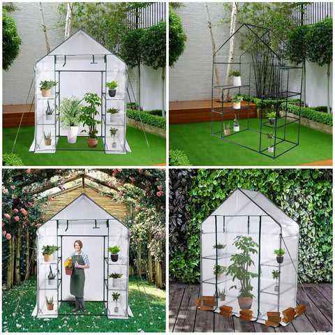 Portable Walk In Greenhouse For Outdoors With Roll Up Zipper Door And UV Resistant Cover Three Tier Shelving Anchors Easy Setup Keeps Ideal Heat And Humidity For Extending Your Growing Season