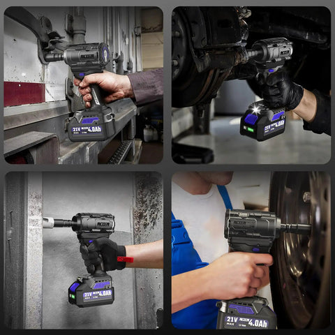 Beefy 600 Nm Half Inch Cordless Impact Wrench Kit With Two 4Ah Batteries, 450 Foot Pounds Max Torque, Four Sockets, Portable Carrying Case