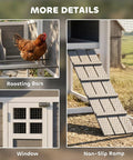 82 Inch Wooden Chicken Coop For 2 To 3 Hens Backyard Hen House With Nesting Box Pull On Tray Ramp And Roosting Bars Large Run Space All Weather Roof And Easy Clean Design In Gray showing roosting bars, ramp, window.