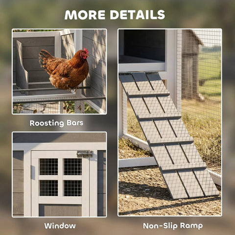 82 Inch Wooden Chicken Coop For 2 To 3 Hens Backyard Hen House With Nesting Box Pull On Tray Ramp And Roosting Bars Large Run Space All Weather Roof And Easy Clean Design In Gray showing roosting bars, ramp, window.