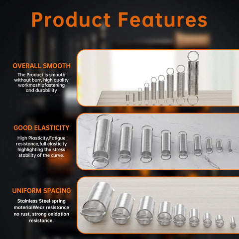 Ultimate 100 Piece Extension Spring Kit With 25 Sizes, Stainless steel coils shown in various sizes on display surfaces.