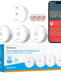 Wireless Smart Smoke Detector 3 Pack Interconnected Fire Alarm System With Smart Gateway Hub showing devices and mobile app interface.