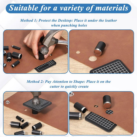 Leather Circle Cutter Tool Set 16 Piece Circle Punch Kit 1mm To 15mm in use on leather with grid mat and high-carbon steel dies