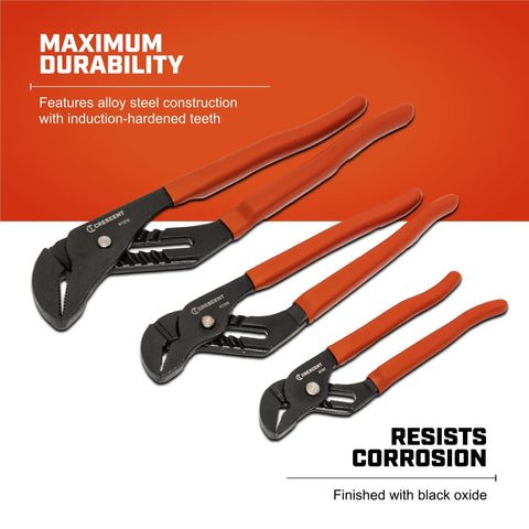 Workhorse Three Piece Straight Jaw Tongue and Groove Plier Set With Dipped Handles Premium Hand Tool Collection displayed on orange background