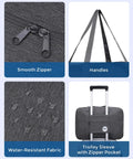Close-up of zippers, handles, water-resistant fabric, and trolley sleeve of Underseat Travel Duffel Bag 18x14x8 Inches 25L in Denim Grey.