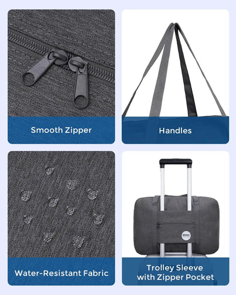 Close-up of zippers, handles, water-resistant fabric, and trolley sleeve of Underseat Travel Duffel Bag 18x14x8 Inches 25L in Denim Grey.
