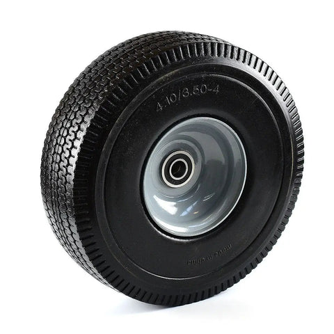 Heavy Duty Solid Rubber Flat Free Tubeless Hand Truck Tire Wheel For Carts And Dollies, A Real Workhorse, 10 X 3.5 Inches, 4.10/3.50-4 Tire, 2-1/4 Inch Offset Hub, 5/8 Inch Bearing, Black And Grey, 350 Lb Load Capacity