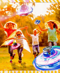 Hand Operated Mini Drone Orb With LED Lights UFO Magic Flying Spinner in a park with kids running and playing