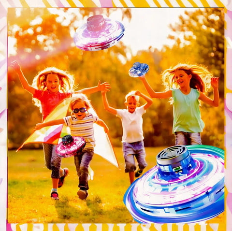 Hand Operated Mini Drone Orb With LED Lights UFO Magic Flying Spinner in a park with kids running and playing