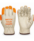 Hi Vis Leather Work Gloves With Orange Tips For Extra Large Hands, Watch Your Hands, Split Cowhide Leather, Keystone Thumb