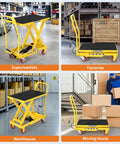 GarveeTech hydraulic lift table cart, yellow scissor lift with black platform, front view in a supermarket
GarveeTech hydraulic lift table cart, yellow frame and black platform, side view in a factory
GarveeTech hydraulic lift table cart, yellow frame with black top, wheeled lift in a warehouse
GarveeTech hydraulic lift table cart, yellow wheeled platform with handle, moving boxes scene