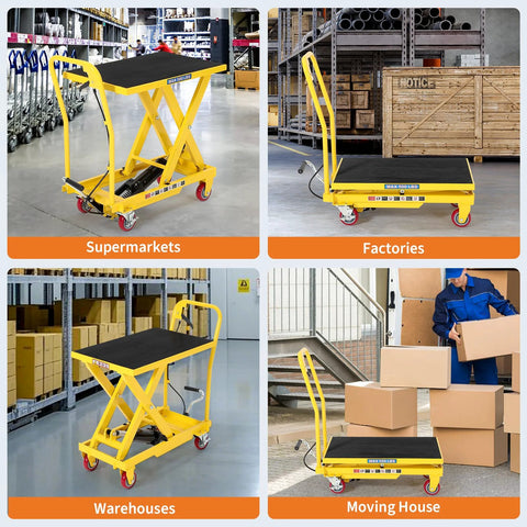 GarveeTech hydraulic lift table cart, yellow scissor lift with black platform, front view in a supermarket
GarveeTech hydraulic lift table cart, yellow frame and black platform, side view in a factory
GarveeTech hydraulic lift table cart, yellow frame with black top, wheeled lift in a warehouse
GarveeTech hydraulic lift table cart, yellow wheeled platform with handle, moving boxes scene