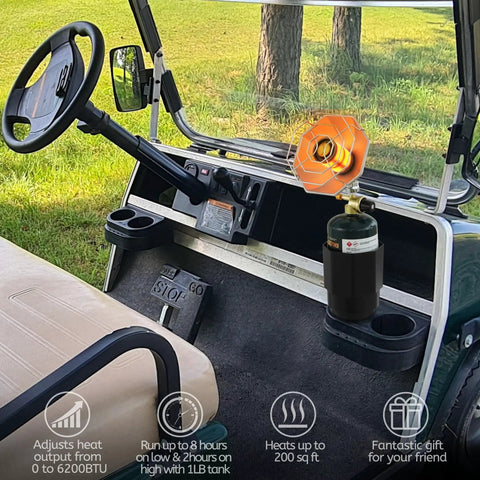 Portable Golf Cart Heater With Cup Holder And Control Valve, 6200 BTU Outdoor Propane Heater installed in Yamaha Club Car, propane tank not included