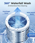360 degree waterfall wash feature in compact portable washing machine, showing wide spray and cleanliness upgrades.