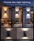 Rugged As Nails 2 Pack Solar Wall Lights Outdoor IP65 Waterproof, Dusk To Dawn Up Down Sconce with warm, neutral, cool lighting options.