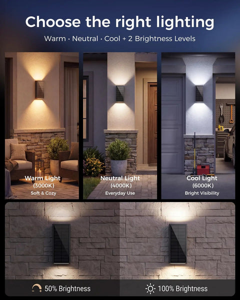 Rugged As Nails 2 Pack Solar Wall Lights Outdoor IP65 Waterproof, Dusk To Dawn Up Down Sconce with warm, neutral, cool lighting options.