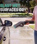 BlastBoss Beast Mode All In One Air Blasting System With BlastBroom And Precision Nozzle For Indoor And Outdoor Cleaning Extension Wand 0 To 190 MPH Airflow Cordless Handheld Blower Rechargeable Charcoal Finish AB2111 drying a wet car