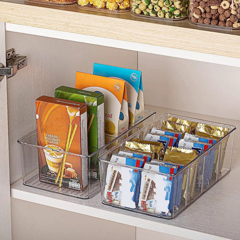 8 Pack Clear Food Storage Organizer Bins For Pantry Kitchen Fridge And Cabinets With 4 Compartment Holders For Packets Snacks