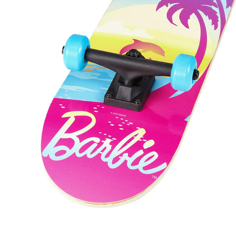 Barbie themed Kids Cruiser Skateboard With Printed Graphic Grip Tape, smooth wheels, part of durable deck and trucks in view.