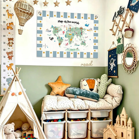 World Map Classroom Banner for Geography Learning 20x30 Inch wall sign in kid-friendly room decor with inclusive messages