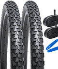 2 Pack 24 Inch Mountain Bike Tires And Tubes Set 24x1.75/47-507 Heavy Duty Tubes With AV32mm Schrader Valves Folding Replacement MTB Tire And Tube Combo With Deep Crisscross Tread For Beefy Off Road Grip, shown with tools and wrapped tubes.