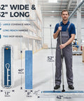 42 Inch Commercial Dust Mop With Extra Wide Flat Head Heavy Duty Swivel Design And Quick Release Handle standing next to a worker.