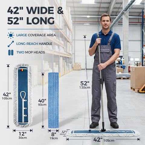 42 Inch Commercial Dust Mop With Extra Wide Flat Head Heavy Duty Swivel Design And Quick Release Handle standing next to a worker.
