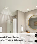 Modern bathroom with InVent Series Ceiling Bathroom Exhaust Fan With LED Light, Quiet 80 CFM, 0.7 Sones, installed above shower.