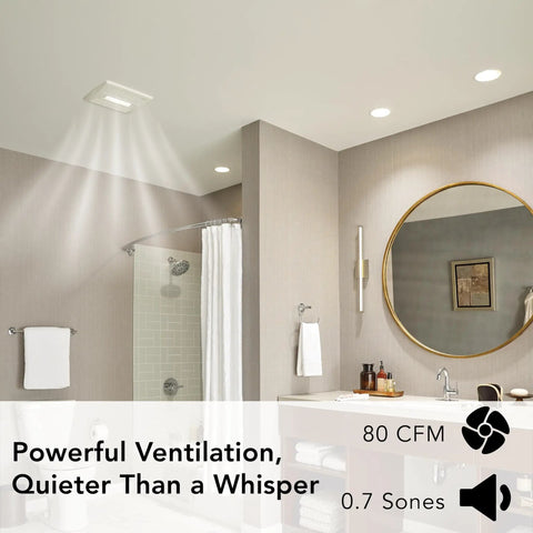 Modern bathroom with InVent Series Ceiling Bathroom Exhaust Fan With LED Light, Quiet 80 CFM, 0.7 Sones, installed above shower.