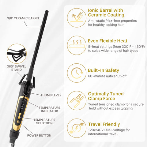 Image of Extra Slim Curling Iron for Tight Curls and Clearly Defined Spiral Ringlets with ceramic-coated 3/8 inch barrel.