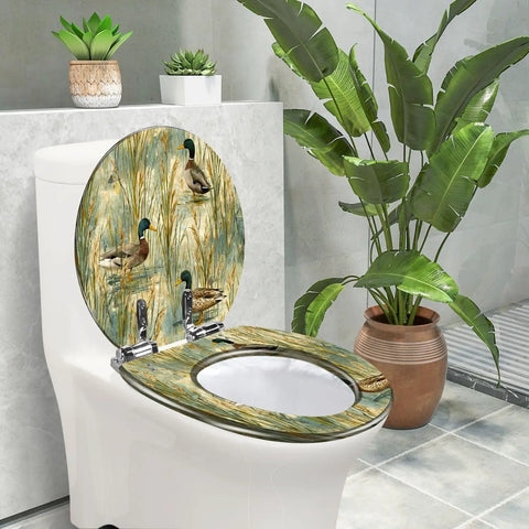 Round Quiet Close Replacement Toilet Seat with nature design featuring ducks, suitable for standard toilets.