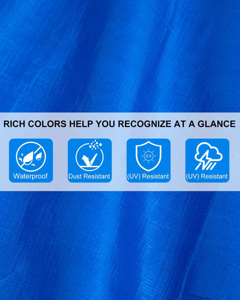 3 Pack 10 Foot By 10 Foot Heavy Duty Waterproof Tarps With Grommets 5.5 Mil Thick PE Ground Cover showing blue color texture and icons