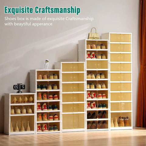 8-Tier Foldable Shoes Rack Organizer With Clear Plastic Boxes, displayed with shoes, showcases space-saving stackable design