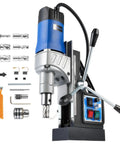 Industrial Magnetic Drill Press With Six Twist Core Bits, 1550w Motor For Zero Sweat Steel Boring, Stepless Speed And A Rock Solid Magnetic Base Handling Two Inch Cuts On Site, with drill bits and controls.