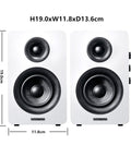 Front view of two SW208 3 Inch Active Bluetooth 5.0 Bookshelf Speakers Pair with 60 Watt Output, Carbon Fiber Drivers, White Finish.