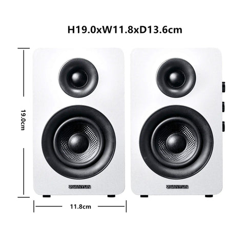 Front view of two SW208 3 Inch Active Bluetooth 5.0 Bookshelf Speakers Pair with 60 Watt Output, Carbon Fiber Drivers, White Finish.