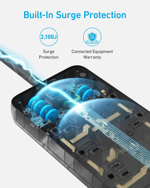 Cutaway view of Power Strip With 2100J Surge Protector And 5ft Extension Cord showing internal surge protection components.